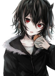 Rule 34 | 1girl, black hair, black jacket, collarbone, commentary request, curry bread, ear piercing, eyebrows hidden by hair, food, fur-trimmed jacket, fur trim, hair between eyes, hand up, hasunokaeru, highres, holding, holding food, horns, jacket, long sleeves, looking at viewer, open mouth, original, piercing, pointy ears, red eyes, shirt, simple background, solo, stitches, upper body, white background, white shirt