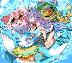 1girl blue_eyes blue_hair blunt_ends bow breasts cleavage closed_mouth computer_keyboard computer_mouse crown eyewear_on_head half-closed_eyes hat jellyfish jewelry kafun long_hair looking_at_viewer medium_breasts multicolored_hair no_shoes open_mouth orange_bow original pendant pink_hair polka_dot polka_dot_bow polka_dot_socks purple_hair scrunchie sea_turtle seal_(animal) stingray turtle very_long_hair watch whale wristwatch