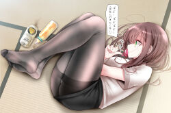 Rule 34 | 1girl, baby bottle, beer can, black pantyhose, bottle, breasts, brown hair, can, commentary, commentary request, drink can, feet, fetal position, fine fabric emphasis, full body, green eyes, highres, knees up, legs, long hair, lying, medium breasts, no shoes, office lady, ol-chan (oouso), on side, oouso, original, pacifier, pantyhose, pencil skirt, shirt, short sleeves, skirt, soles, solo, tatami, thighband pantyhose, toes, translated, white shirt