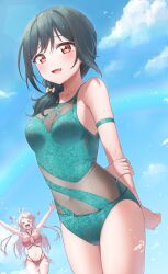 Rule 34 | 2girls, aqua one-piece swimsuit, arms behind back, bikini, black hair, blue sky, casual one-piece swimsuit, cloud, cowboy shot, day, fang, hair over shoulder, highres, long sleeves, looking at viewer, love live!, mifune shioriko, morros, multiple girls, one-piece swimsuit, outdoors, red bikini, red eyes, sky, smile, swimsuit, zhong lanzhu