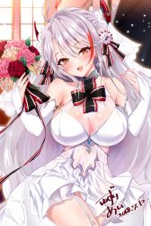 Rule 34 | 1girl, absurdres, adapted costume, alternate costume, antenna hair, azur lane, bare shoulders, blush, bouquet, breasts, bridal gauntlets, bridal veil, brown eyes, cleavage, closed mouth, collarbone, cross, dated, day, dress, flower, garter straps, gloves, hair between eyes, hair ornament, half-closed eyes, hands up, head tilt, headgear, heart, highres, holding, holding bouquet, indoors, iron cross, large breasts, light particles, long hair, looking at viewer, mole, mole on breast, multicolored hair, no bra, open mouth, petals, prinz eugen (azur lane), prinz eugen (symphonic fate) (azur lane), red hair, see-through, signature, smile, solo, standing, thighhighs, thighs, two side up, veil, very long hair, wedding dress, white dress, white flower, white gloves, white hair, white thighhighs, yuzuri ai