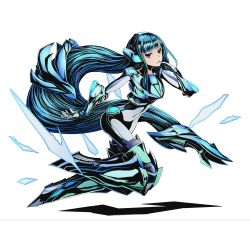 Rule 34 | 10s, 1girl, absurdly long hair, armor, armored boots, blue eyes, blue hair, boots, covered navel, divine gate, finger to mouth, full body, gloves, kelvin (divine gate), long hair, looking at viewer, low-tied long hair, mecha musume, official art, shadow, solo, transparent background, ucmm, very long hair, white gloves