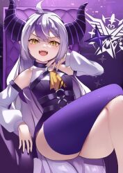 Rule 34 | 1girl, ahoge, ascot, bare shoulders, black horns, braid, braided bangs, breasts, detached sleeves, highres, hololive, horns, la+ darknesss, la+ darknesss (1st costume), looking at viewer, multicolored hair, open mouth, pointy ears, purple hair, purple thighhighs, single thighhigh, sitting, small breasts, smile, solo, streaked hair, striped horns, thighhighs, virtual youtuber, wmicetea00, yellow ascot, yellow eyes