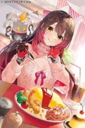 Rule 34 | 1girl, 2016, breasts, brown hair, closed mouth, company name, copyright notice, food, gradient hair, hair ornament, hairpin, hands up, highres, holding, holding spoon, hololive, long hair, medium breasts, multicolored hair, official art, ribbon, roboco-san, solo, spoon, sweater, teffish, turtleneck, virtual youtuber, yellow eyes