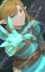 Rule 34 | 1boy, belt, blonde hair, blue eyes, blue tunic, brown belt, highres, jewelry, link, linkirbyx, looking at viewer, nintendo, pointy ears, ring, solo, the legend of zelda, the legend of zelda: tears of the kingdom