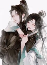 Rule 34 | 1boy, 1girl, absurdres, black hair, black hanfu, chinese clothes, closed eyes, crossed arms, earrings, folding fan, hair bun, hand fan, hanfu, high ponytail, highres, holding, holding fan, hug, jewelry, long sleeves, looking at another, ming yi, open mouth, shi qingxuan, smile, tassel, tassel earrings, tianguan cifu, white background, white hanfu, wide sleeves, yellow eyes, young57440489