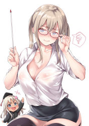 Rule 34 | 1girl, adjusting eyewear, alternate costume, blonde hair, blouse, blush, breasts, commentary request, covered erect nipples, ebifurya, embarrassed, garter straps, graf zeppelin (kancolle), grey eyes, hair between eyes, highres, kantai collection, large breasts, looking at viewer, miniskirt, no bra, pencil skirt, see-through, shirt, sidelocks, sitting, skindentation, skirt, sleeves rolled up, solo, thighhighs, thighs, tsurime, twintails, v-shaped eyebrows, white background, white shirt