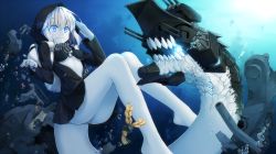 Rule 34 | 10s, 1girl, abyssal ship, black bra, blue eyes, bra, breasts, bubble, clenched teeth, glowing, glowing eyes, hood, jacket, kantai collection, legs, looking at viewer, monster, o-ring, o-ring top, pale skin, re-class battleship, scarf, short hair, small breasts, solo, teeth, terras, turret, underwater, underwear, white hair