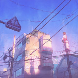 Rule 34 | 1girl, balcony, blue sky, brown hair, building, clothes around waist, from behind, from below, house, ilya kuvshinov, original, outdoors, pants, power lines, radio antenna, shadow, shirt, shirt around waist, short hair, short sleeves, sign, silhouette, sketch, sky, solo, sunrise, tablet pc, utility pole, white shirt, wide shot, window