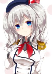 Rule 34 | 10s, 1girl, absurdres, amane tari, blue eyes, breasts, female focus, gloves, hat, highres, kantai collection, kashima (kancolle), large breasts, long hair, silver hair, smile, solo, twintails, uniform, wavy hair