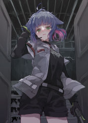 Rule 34 | 1girl, absurdres, animal ears, arknights, beretta 92, black gloves, black shirt, black shorts, breasts, cat ears, closed mouth, drawstring, gloves, green eyes, green gloves, grey jacket, gun, hand up, handgun, highres, holding, holding gun, holding weapon, jacket, jessica (arknights), layered sleeves, long sleeves, looking at viewer, multicolored hair, open clothes, open jacket, pink hair, ponytail, purple hair, shirt, short over long sleeves, short shorts, short sleeves, shorts, small breasts, solo, tears, tokorinowa, two-tone hair, weapon