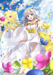 Rule 34 | 1girl, bare shoulders, blue eyes, blue sky, blurry, blurry foreground, blush, choker, collarbone, day, dress, from below, highres, long hair, looking at viewer, open mouth, original, outdoors, silver hair, sky, solo, strapless, strapless dress, white dress, yaki mayu