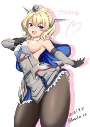 Rule 34 | 1girl, black gloves, black pantyhose, blonde hair, blue eyes, blue necktie, braid, breasts, capelet, colorado (kancolle), cowboy shot, dated, dress, elbow gloves, garrison cap, gloves, grey dress, grey hat, hand on own chest, hat, headgear, kantai collection, large breasts, moke ro, necktie, pantyhose, pleated dress, shirt, short hair, side braids, sideboob, simple background, sleeveless, solo, standing, thick thighs, thighs, twitter username, white background, white shirt