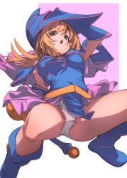 Rule 34 | 1girl, bare shoulders, blonde hair, blue footwear, blue hat, blush stickers, boots, breasts, choker, commentary request, dark magician girl, duel monster, from below, fu-ta, green eyes, hair between eyes, hat, highres, large breasts, long hair, open mouth, panties, pantyshot, simple background, solo, staff, underwear, wand, white panties, wizard hat, yu-gi-oh!, yu-gi-oh! duel monsters