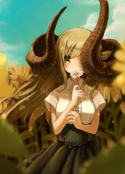 Rule 34 | 159cm, 1girl, animal ears, asymmetrical horns, belt, blonde hair, blue sky, blurry, blurry foreground, brown belt, collared shirt, cowboy shot, curled horns, daisy, day, depth of field, field, flower, flower field, flower over mouth, gran-chan (159cm), green skirt, high-waist skirt, holding, holding flower, horns, huge horns, long hair, looking at viewer, one eye covered, original, outdoors, shirt, short sleeves, skirt, sky, solo, sunflower, sunflower field, uneven horns, white flower, white shirt, wing collar, yellow eyes