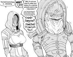 Rule 34 | 1boy, 1girl, absurdres, alien, armor, bb (baalbuddy), english text, faceless, faceless female, greyscale, highres, hood, looking to the side, mass effect (series), monochrome, scar, scar on face, speech bubble, tali&#039;zorah, urdnot wrex