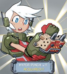 Rule 34 | 1girl, armor, blue eyes, cameron sewell, commentary, english commentary, english text, gloves, grey background, headgear, highres, humanoid robot, joints, open mouth, original, red shirt, robot, robot joints, shirt, short hair, solo, teeth, upper body, white hair