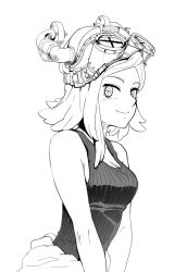 Rule 34 | 10s, 1girl, bare shoulders, blush, boku no hero academia, breasts, cleavage, from side, goggles, goggles on head, greyscale, hatsume mei, looking at viewer, medium breasts, medium hair, monochrome, nukosann, sideboob, simple background, smile, solo, symbol-shaped pupils, tank top, upper body, white background