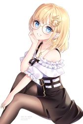 Rule 34 | 1girl, artist name, bare shoulders, black skirt, blonde hair, blue eyes, brown-framed eyewear, brown pantyhose, commentary, earrings, feet out of frame, glasses, hair ornament, hairclip, hand up, heart, heart earrings, highres, hololive, hololive english, jewelry, knee up, looking at viewer, nami (nyaa), o-ring, off-shoulder shirt, off shoulder, pantyhose, pixiv username, pleated skirt, puffy short sleeves, puffy sleeves, romaji commentary, shirt, short sleeves, simple background, sitting, skirt, smile, solo, suspender skirt, suspenders, twitter username, virtual youtuber, watson amelia, watson amelia (street casual), white background, white shirt