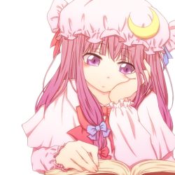 Rule 34 | 1girl, animated, animated png, blinking, blush, book, crescent, dress, hair ribbon, hat, i yo u, light smile, looking at viewer, open \m/, open book, patchouli knowledge, purple eyes, purple hair, reading, ribbon, smile, solo, touhou