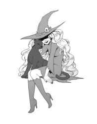 Rule 34 | 1girl, boots, cat, dress, eunnieboo, full body, greyscale, hat, high heel boots, high heels, long hair, monochrome, nail polish, original, shaded face, sitting, skull, smile, solo, wavy hair, witch hat