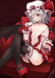 Rule 34 | 1girl, ass, bare shoulders, bat wings, belt, black thighhighs, breasts, chair, collar, covering privates, covering breasts, crossed legs, dress shirt, flat chest, frills, hat, hat ribbon, high heels, looking at viewer, mary janes, mob cap, navel, no bra, off shoulder, one eye closed, open clothes, open shirt, red eyes, red footwear, remilia scarlet, ribbon, shirt, shoes, short hair, silver hair, sitting, smile, solo, thighhighs, touhou, utakata (kochou no yume), wings, wrist cuffs