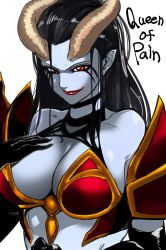 Rule 34 | 1girl, armor, bikini armor, black gloves, black hair, blue skin, breasts, character name, cleavage, closed mouth, colored skin, demon girl, demon horns, dota (series), dota 2, elbow gloves, gloves, hair slicked back, highres, horns, large breasts, lipstick, long hair, looking at viewer, makeup, miitoban, pauldrons, queen of pain (dota), red eyes, red lips, shoulder armor, simple background, smile, smug, solo, upper body, white background