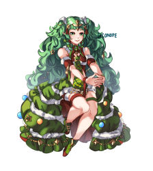 Rule 34 | 1girl, braid, christmas ornaments, closed mouth, conope, fire emblem, fire emblem: three houses, fire emblem heroes, full body, fur trim, green eyes, green hair, hair ornament, long hair, nintendo, pointy ears, shoes, side braid, simple background, smile, solo, sothis (fire emblem), sothis (winter) (fire emblem), tiara, twin braids, twitter username, white background
