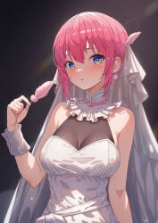 Rule 34 | 1girl, absurdres, bare shoulders, black background, blue eyes, blush, breasts, bridal veil, choker, cleavage, commentary, dress, earrings, feather hair ornament, feathers, flower wreath, frilled choker, frills, go-toubun no hanayome, hair between eyes, hair ornament, hand up, highres, holding, holding feather, jewelry, large breasts, light particles, looking at viewer, mixed-language commentary, nakano ichika, official alternate costume, parted lips, pink hair, short hair, sidelocks, simple background, sleeveless, sleeveless dress, solo, upper body, veil, wedding dress, white choker, white dress, white wrist cuffs, wrist cuffs, xiayou sieg