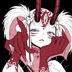 Rule 34 | 1girl, black background, collarbone, facial mark, facial tattoo, fate/grand order, fate (series), hair ornament, half-closed eyes, head on hand, head rest, highres, horns, ibaraki douji (fate), japanese clothes, kimono, limited palette, looking at viewer, markings, oni horns, parted lips, pointing, portrait, simple background, solo, tattoo, third eye, tocky, very long fingernails