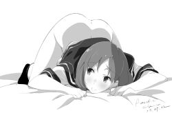 Rule 34 | 1girl, artist name, ass, bed sheet, blush, bottomless, closed mouth, commentary, dated, greyscale, long hair, looking to the side, monochrome, no panties, original, presenting, revision, school uniform, serafuku, sheet grab, short sleeves, signature, simple background, smile, solo, spread legs, tabata hisayuki, thighs, top-down bottom-up