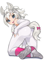 Rule 34 | 1girl, :d, all fours, animal ear fluff, animal ears, bare shoulders, blue eyes, blush, bow, braid, bridle, commentary, crossed ankles, elbow gloves, extra ears, eyes visible through hair, fingerless gloves, from behind, full body, gloves, highres, horse ears, horse girl, horse tail, kemono friends, leggings, long hair, looking at viewer, looking back, open mouth, pantyhose, pink bow, ponytail, rinx, side braid, simple background, smile, solo, tail, tail bow, tail braid, tail ornament, white background, white gloves, white hair, white pantyhose, white thoroughbred (kemono friends)