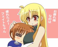 Rule 34 | bare shoulders, blonde hair, blush, breast smother, brown hair, chibi, closed eyes, face to breasts, fate testarossa, kano-0724, long hair, looking at another, lyrical nanoha, mahou shoujo lyrical nanoha, mahou shoujo lyrical nanoha strikers, military, military uniform, open mouth, red eyes, takamachi nanoha, translation request, turtleneck, two-tone background, uniform, yuri