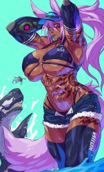 Rule 34 | 1boy, 1girl, abs, absurdres, animal ears, armpits, arms up, bikini, black bikini, breasts, choker, cleavage, collarbone, commentary request, cowboy shot, dantera rina, denim, denim shorts, hair between eyes, hat, highres, huge breasts, hutago, long hair, looking at viewer, midriff, muscular, muscular female, navel, navel piercing, original, partially submerged, piercing, pink eyes, ponytail, purple hair, scar, scar across eye, scar on face, shorts, simple background, sperm whale, stomach, swimsuit, tail, tattoo, thick thighs, thighhighs, thighs, wading, water, whale