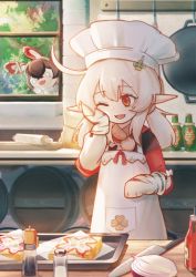 Rule 34 | 1girl, :d, antenna hair, apron, baron bunny (genshin impact), blonde hair, bread, chef, chef hat, child, cooking, fish-flavored toast (genshin impact), food, genshin impact, hat, highres, indoors, ketchup bottle, kitchen, klee (genshin impact), knife, long hair, long sleeves, mittens, one eye closed, onion, open mouth, pointy ears, red eyes, rolling pin, smile, solo, table, tree, twintails, window, zhijianshenshi