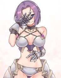 Rule 34 | 1girl, armor, bikini armor, blue eyes, blush, breasts, cleavage, embarrassed, gauntlets, jun (princess connect!), jun (summer) (princess connect!), kurushima gire, large breasts, looking at viewer, navel, outdoors, parted bangs, princess connect!, purple hair, simple background, smile, stomach, swimsuit, umbrella, upper body, white background