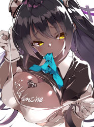 Rule 34 | 1girl, black hair, blue archive, blush, breasts, brown eyes, candy, chocolate, chocolate heart, chocolate on body, chocolate on breasts, cleavage, commentary request, cropped torso, dark-skinned female, dark skin, food, food on body, food on breasts, fujishima-sei ichi-gou, gloves, heart, highres, karin (blue archive), large breasts, long hair, looking at viewer, maid, maid headdress, mouth hold, simple background, solo, valentine, white background, white gloves