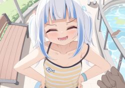 Rule 34 | 1girl, anger vein, blue hair, blush, breasts, camisole, closed eyes, collarbone, facing viewer, fang, gawr gura, hands on own hips, highres, hololive, hololive english, long hair, lower teeth only, mesugaki, multicolored hair, outdoors, pov, pov hands, skin fang, small breasts, solo focus, strap slip, streaked hair, striped camisole, teeth, tenroy, twintails, two-tone hair, upper body, virtual youtuber, white hair, yellow camisole