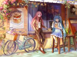 Rule 34 | 2girls, achyue, aqua eyes, aqua hair, awning, basket, belt, bicycle, bicycle basket, blouse, blue eyes, brick wall, cafe, dress, eating, flower, frilled dress, frills, grin, hair between eyes, hair ribbon, hand in pocket, hatsune miku, jacket, lamp, light particles, long hair, long sleeves, looking at viewer, mary janes, megurine luka, multiple girls, neck ribbon, open clothes, open jacket, outdoors, pants, petals, pink flower, pink hair, pink rose, plant, plate, reflection, ribbon, rose, shadow, shirt, shoes, sign, sitting, smile, socks, standing, stool, twintails, very long hair, vocaloid, white legwear, white shirt, window, wing collar