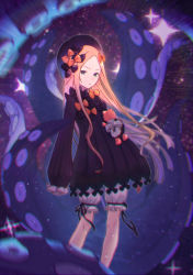 Rule 34 | 1girl, abigail williams (fate), black bow, black dress, black hat, blonde hair, bloomers, blue eyes, bow, dress, fate/grand order, fate (series), forehead, hair bow, hat, long hair, long sleeves, looking at viewer, multiple bows, open mouth, orange bow, parted bangs, polka dot, polka dot bow, relayrl, ribbed dress, sleeves past fingers, sleeves past wrists, solo, sparkle, stuffed animal, stuffed toy, teddy bear, tentacles, underwear, white bloomers