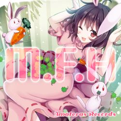 Rule 34 | 1girl, album cover, amateras records, animal ears, arms up, bamboo, bamboo forest, black hair, carrot, carrot necklace, circle name, clover, cover, dress, floppy ears, forest, four-leaf clover, frilled sleeves, frills, game cg, givuchoko, inaba tewi, jewelry, long dress, nature, necklace, official art, one eye closed, open mouth, pink dress, puffy short sleeves, puffy sleeves, rabbit, rabbit ears, rabbit girl, rabbit pose, rabbit tail, red eyes, ribbon-trimmed dress, short hair, short sleeves, smile, solo, tail, touhou, touhou cannonball, wavy hair