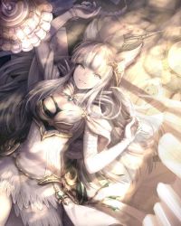 Rule 34 | 1girl, animal ears, artist request, asymmetrical clothes, blunt bangs, breasts, dress, elbow gloves, erune, gloves, granblue fantasy, grey eyes, grin, hair ornament, korwa, long hair, looking at viewer, lying, medium breasts, on back, quill, silver hair, smile, solo, source request, very long hair, white gloves