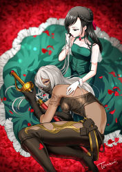 Rule 34 | 2girls, bad id, bad pixiv id, black gloves, black hair, braid, choker, crown braid, dress, flower, gloves, green dress, lap pillow, long hair, looking at another, looking at viewer, lying, mask, mouth mask, multiple girls, on side, original, rose, signature, smelling hair, sword, tonami (lieor), weapon, white gloves, white hair, yuri