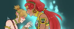 Rule 34 | 1boy, 1girl, armlet, blonde hair, blue eyes, blue lips, blush, commentary, dark-skinned female, dark skin, earrings, english commentary, face-to-face, gerudo, hair ornament, high ponytail, holding hands, hoop earrings, jewelry, link, lipstick, long hair, low ponytail, makeup, nintendo, open mouth, pointy ears, ponytail, ring, short hair, smile, starmiu, the legend of zelda, the legend of zelda: breath of the wild, urbosa