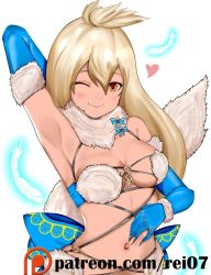 Rule 34 | 1girl, ?, ??, ahoge, alternate hair color, armpits, bad id, bad twitter id, blue bow, blue gloves, blush, bow, breasts, claws, cleavage, closed mouth, cosplay, dark-skinned female, dark skin, detached collar, elbow gloves, fate/grand order, fate (series), feathers, fur-trimmed gloves, fur collar, fur trim, gloves, glowing, granblue fantasy, heart, large breasts, long hair, looking at viewer, mash kyrielight, mash kyrielight (dangerous beast), mash kyrielight (dangerous beast) (cosplay), navel, o-ring, o-ring top, official alternate costume, one eye closed, orange eyes, patreon, patreon logo, patreon username, revealing clothes, simple background, smile, solo, stomach, striped, striped bow, tagme, tail, teeth, upper teeth only, watermark, web address, white background, white hair, wink, wolf tail, zooey (granblue fantasy)