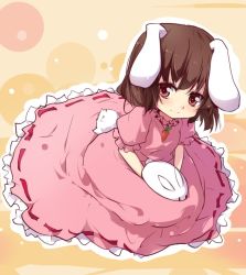 Rule 34 | 1girl, animal ears, bad id, bad pixiv id, black hair, rabbit, carrot, carrot necklace, dress, female focus, from above, inaba tewi, jewelry, kneeling, light smile, looking at viewer, necklace, pink dress, rabbit ears, rabbit girl, rabbit tail, red eyes, sam (new bee), short hair, sitting, solo, tail, touhou