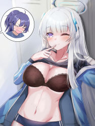 Rule 34 | &gt; &lt;, 2girls, ;), black shirt, blue archive, blue buruma, blue jacket, blurry, blurry background, blush, bra, breasts, brown bra, buruma, cleavage, closed eyes, closed mouth, clothes lift, commentary request, depth of field, grey hair, groin, habu rin, halo, headgear, highres, jacket, large breasts, locker, locker room, long hair, looking at viewer, multiple girls, navel, noa (blue archive), nose blush, one eye closed, open clothes, open jacket, open mouth, ponytail, purple eyes, purple hair, shirt, shirt lift, smile, solo focus, underwear, very long hair, wavy mouth, yuuka (blue archive), yuuka (track) (blue archive)