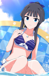 Rule 34 | 1girl, bikini, black hair, blue bikini, blue bow, blue eyes, blue sky, blunt bangs, blush, bow, closed mouth, cloud, collarbone, commentary request, hair bow, idolmaster, idolmaster million live!, jewelry, long hair, looking at viewer, mogami shizuka, necklace, outdoors, ponytail, sky, solo, sparkle, striped bikini, striped clothes, swimsuit, trinitro t, water