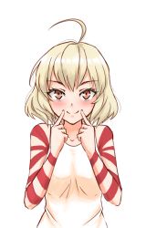 Rule 34 | 1girl, ahoge, akuma no riddle, bare arms, bare shoulders, blonde hair, blush, bodypaint, brown eyes, commentary, dress, english commentary, hashiri nio, looking at viewer, short hair, simple background, sleeveless, sleeveless dress, smile, solo, straight-on, twrlare, upper body, white background, white dress