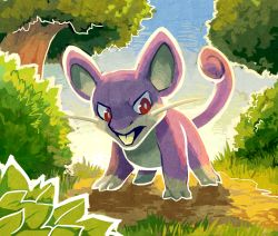 Rule 34 | blue sky, brown eyes, bush, creature, creatures (company), day, full body, game freak, gen 1 pokemon, grass, mouse (animal), nature, nintendo, no humans, outdoors, pokemon, pokemon (creature), rattata, serious, sky, solo, standing, teeth, thumpleweed, tree